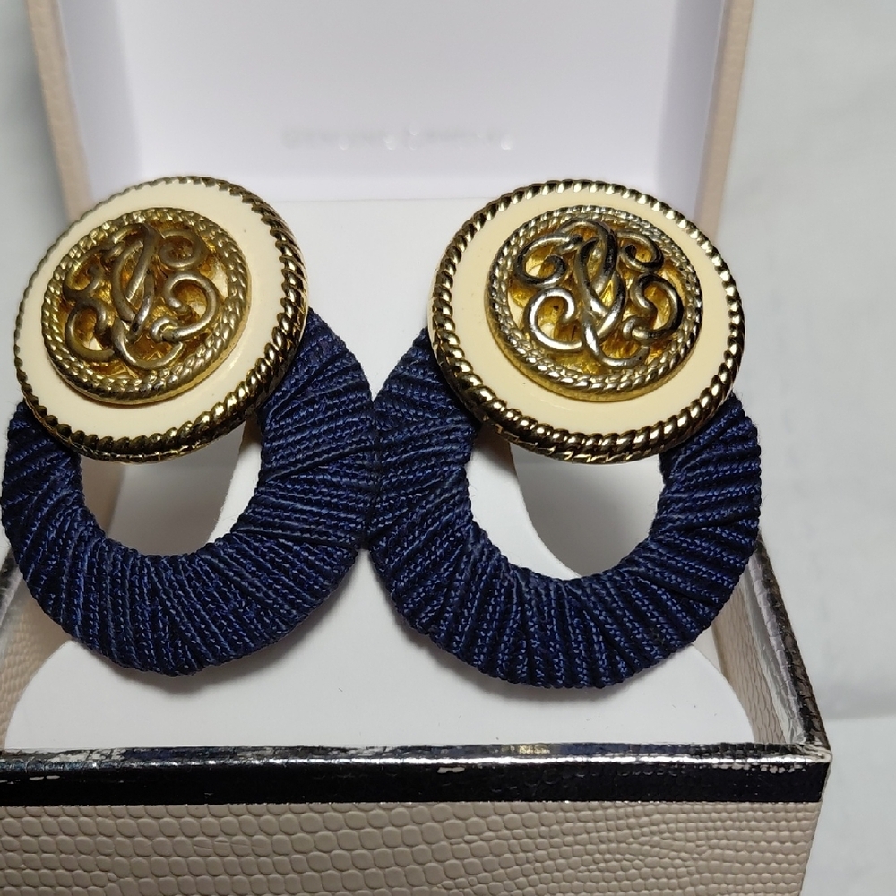 Elegant Rare Vintage Gold and Navy Earrings